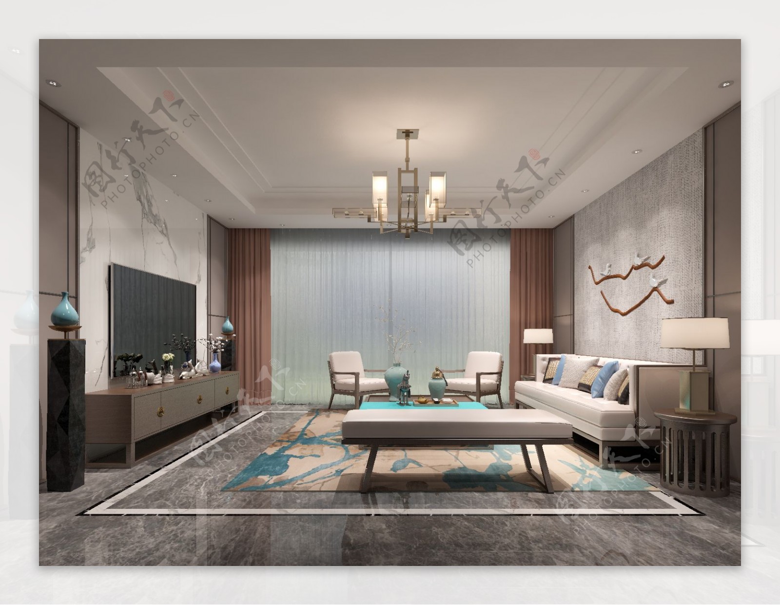 大气新中式风格客厅空间装修设计效果图