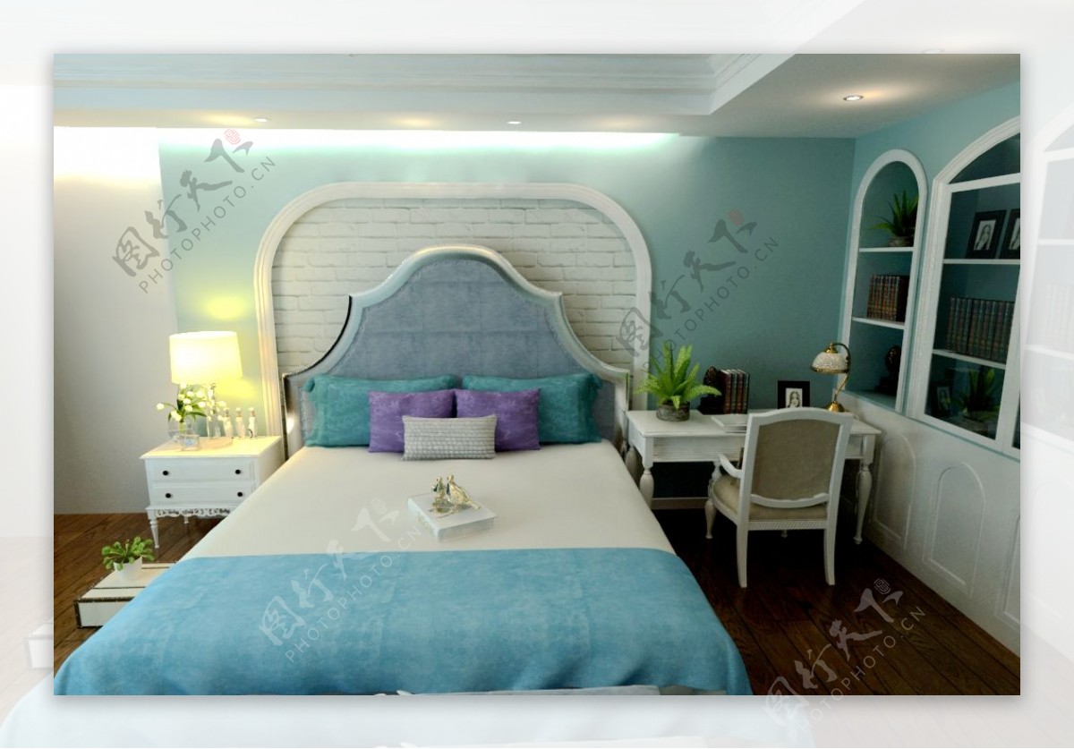 地中海蓝色卧室效果图