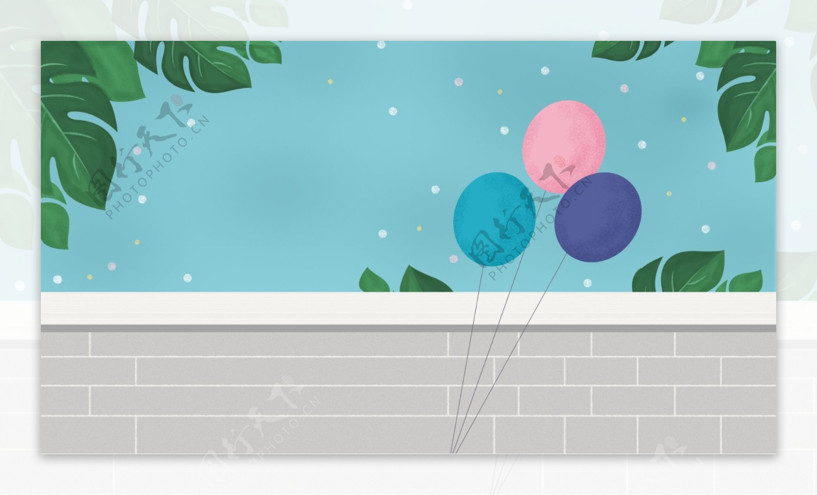 清新气球树叶围墙banner背景设计