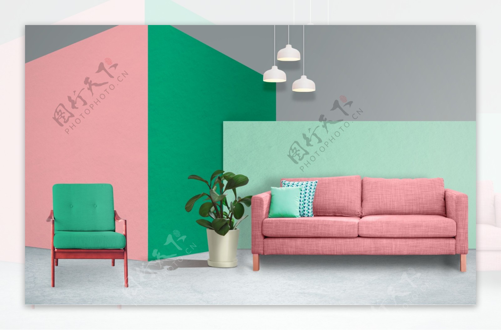 粉绿色时尚家居装饰宜家风客厅沙发装修