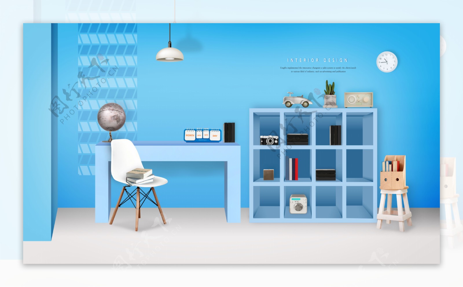 现代简约蓝色书房装修效果图