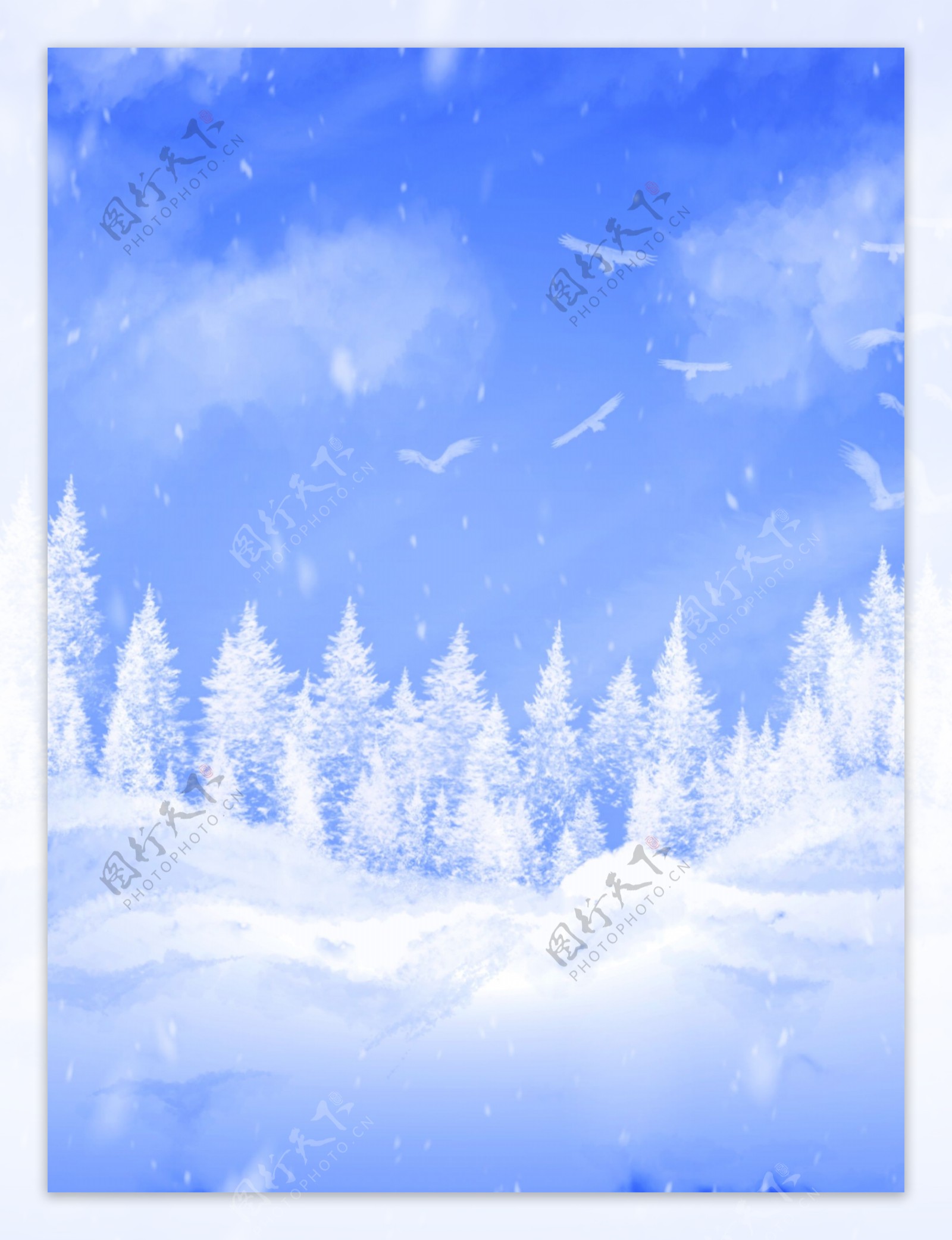 纯原创手绘小清新冬天飘雪的松树林雪景背景