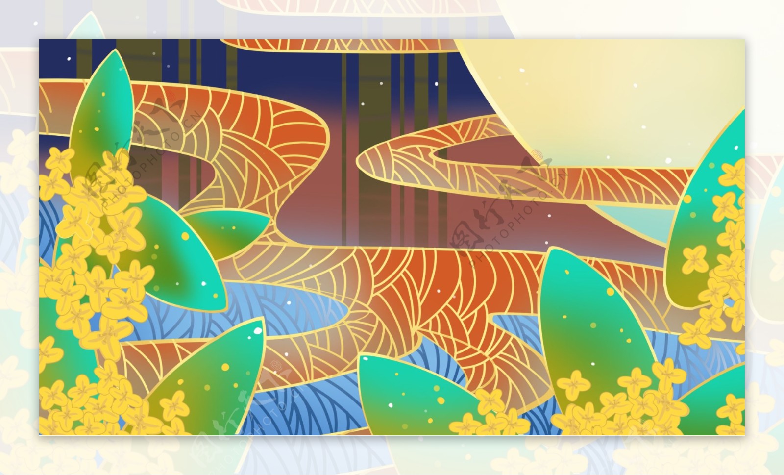 流光溢彩彩绘桂花植物背景设计