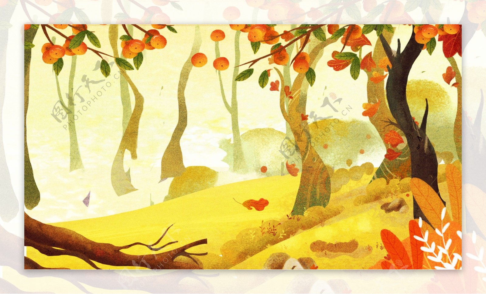 唯美深秋柿子树林手绘背景设计