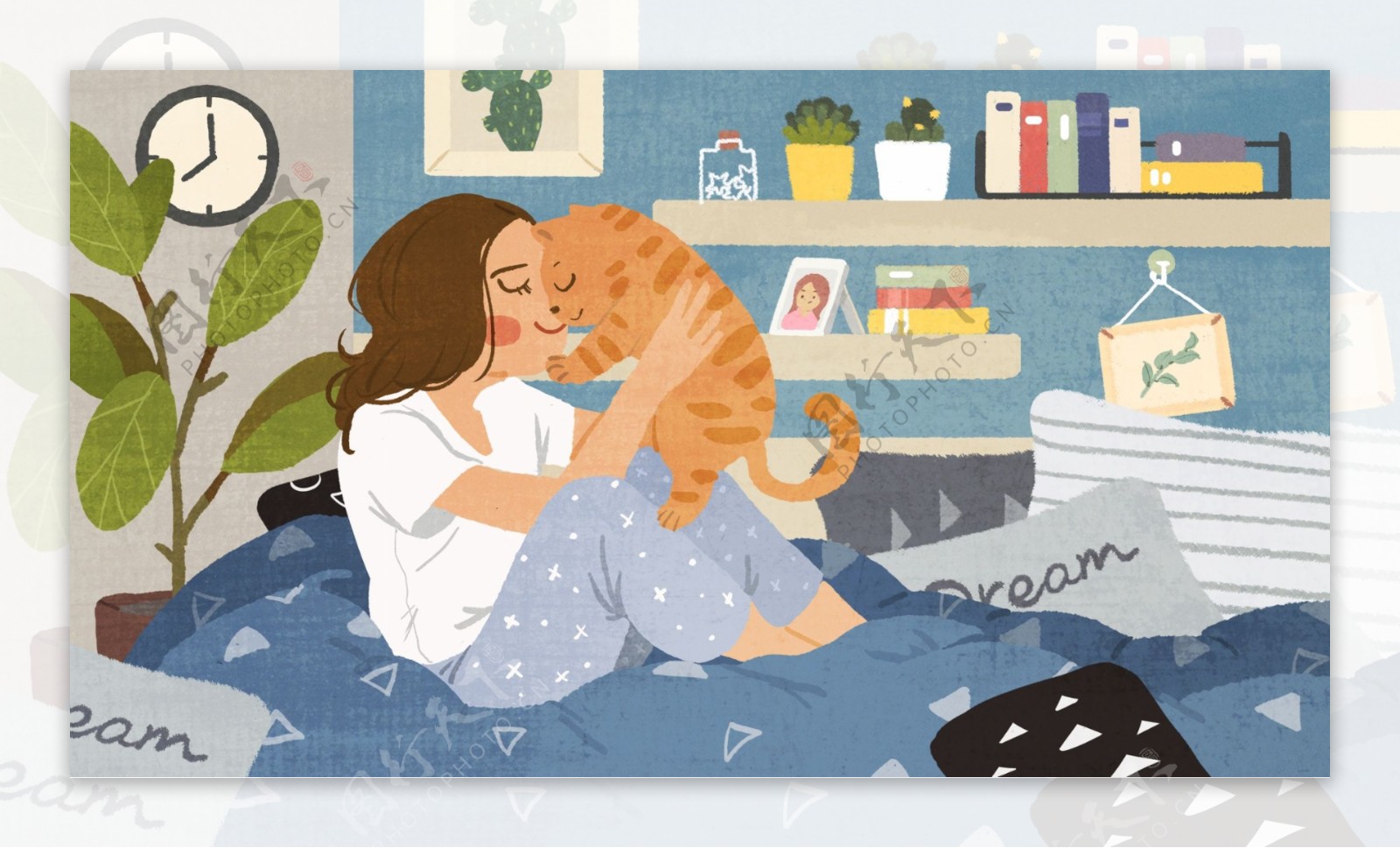 卧室里抱着小猫玩耍的小女孩卡通背景