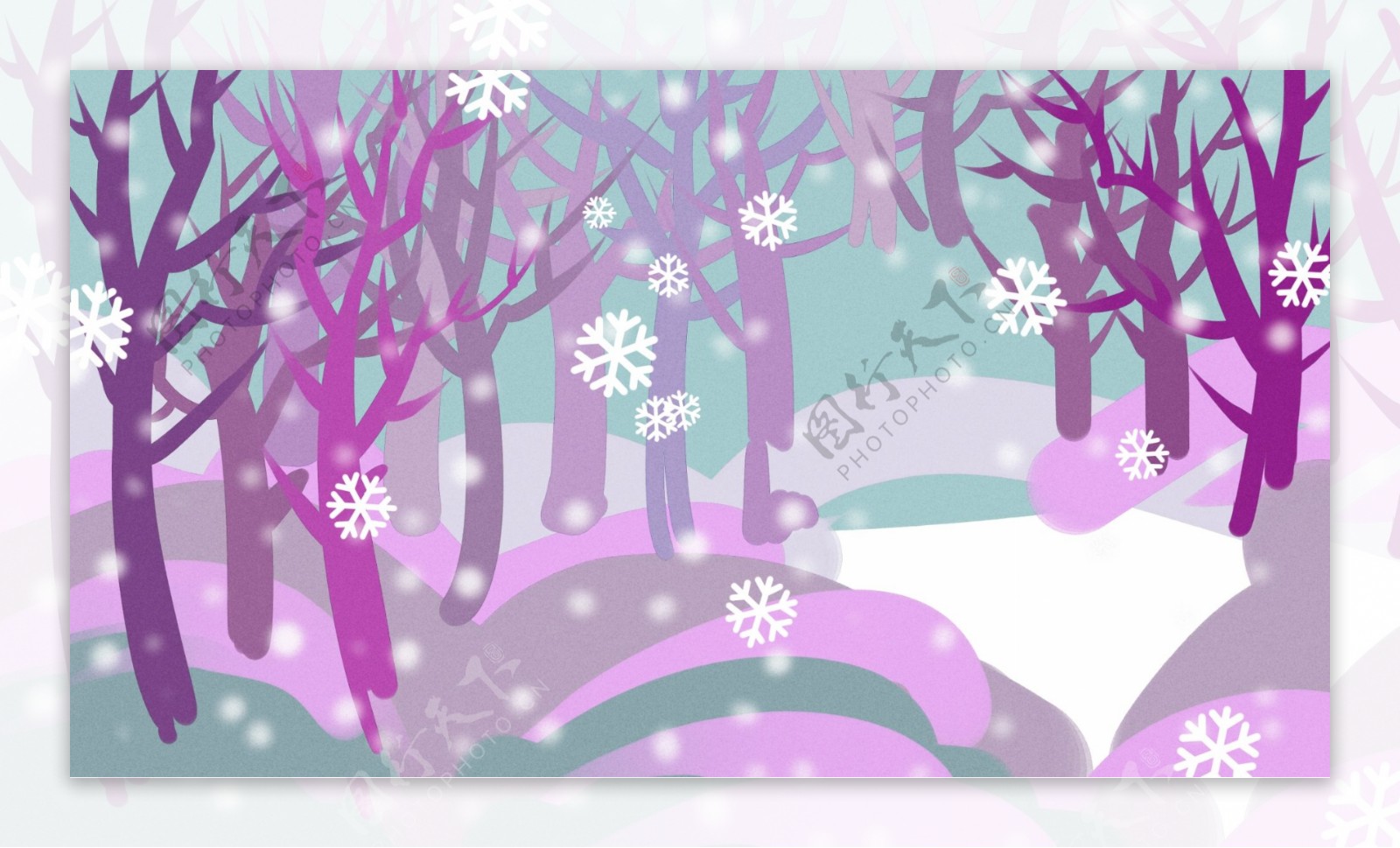 紫色梦幻冬季树林雪花背景