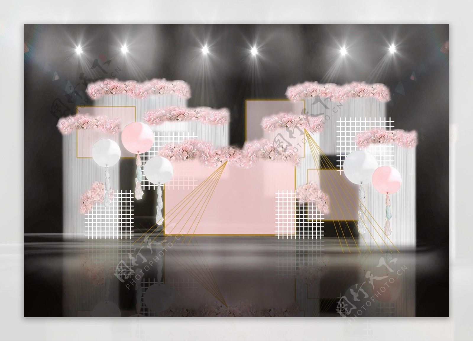粉色柔和几何气球纱幔帷幕网格婚礼效果图
