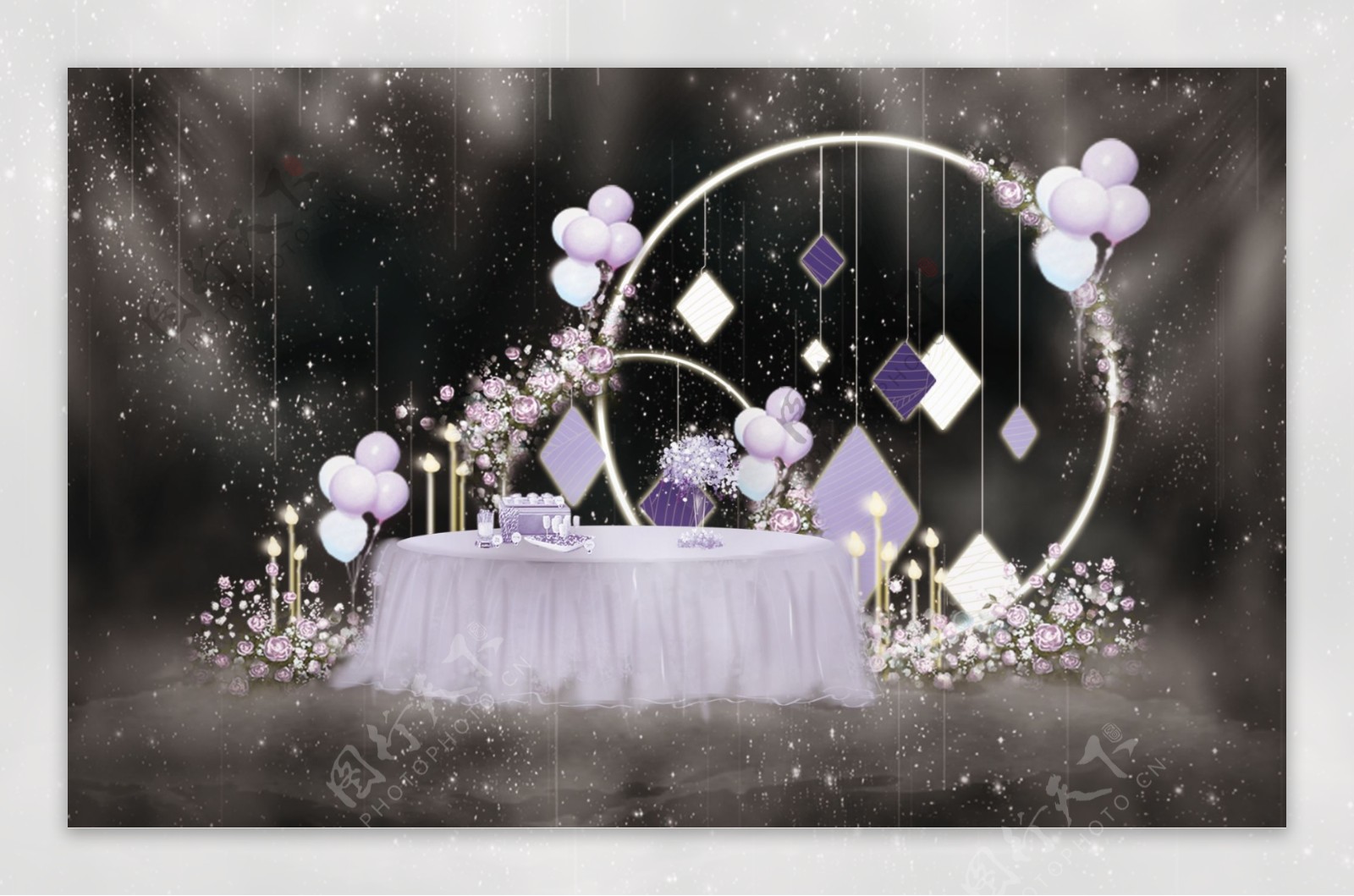 线条简约紫色大气婚礼甜品工装效果图
