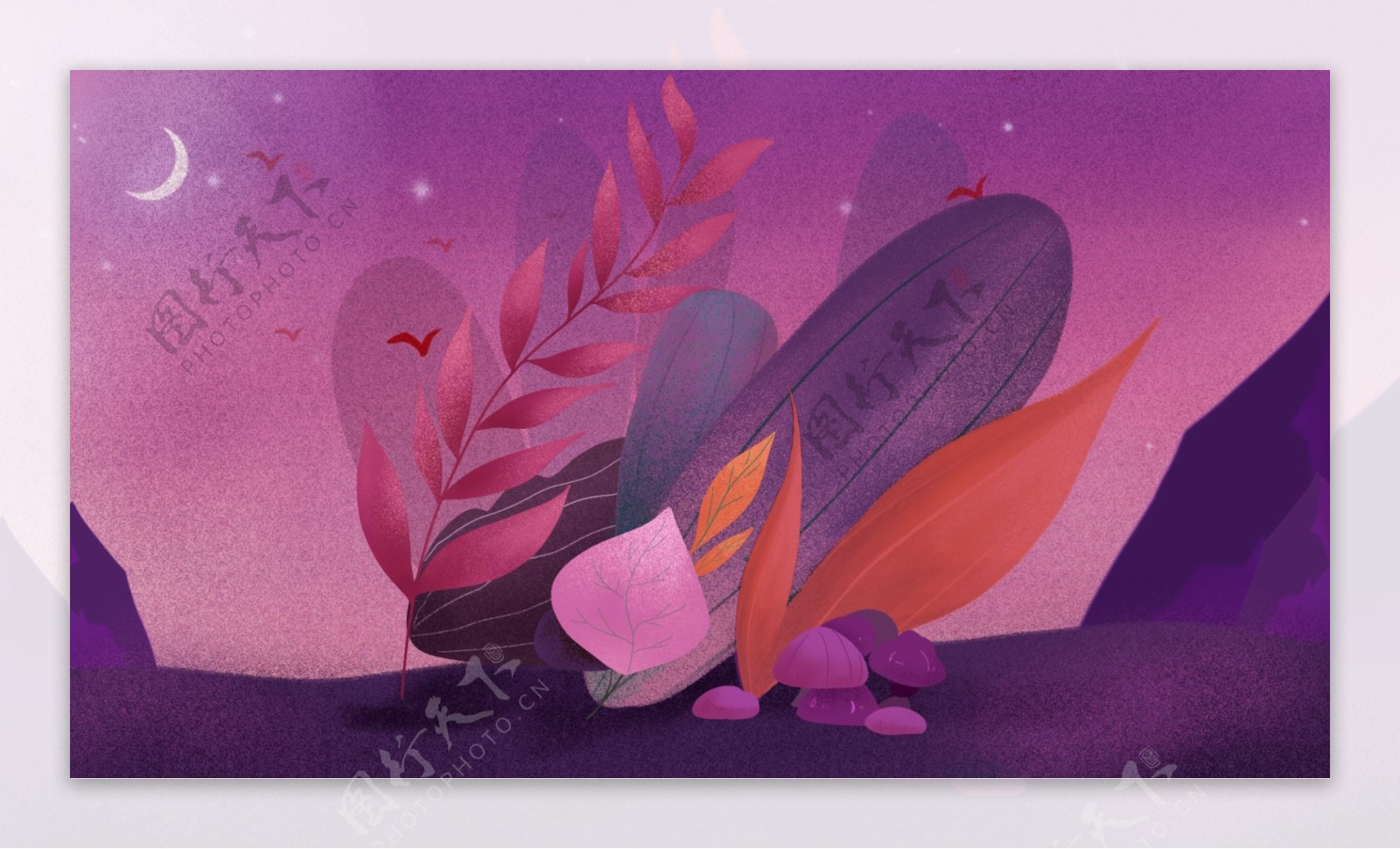 紫色植物叶子卡通背景设计