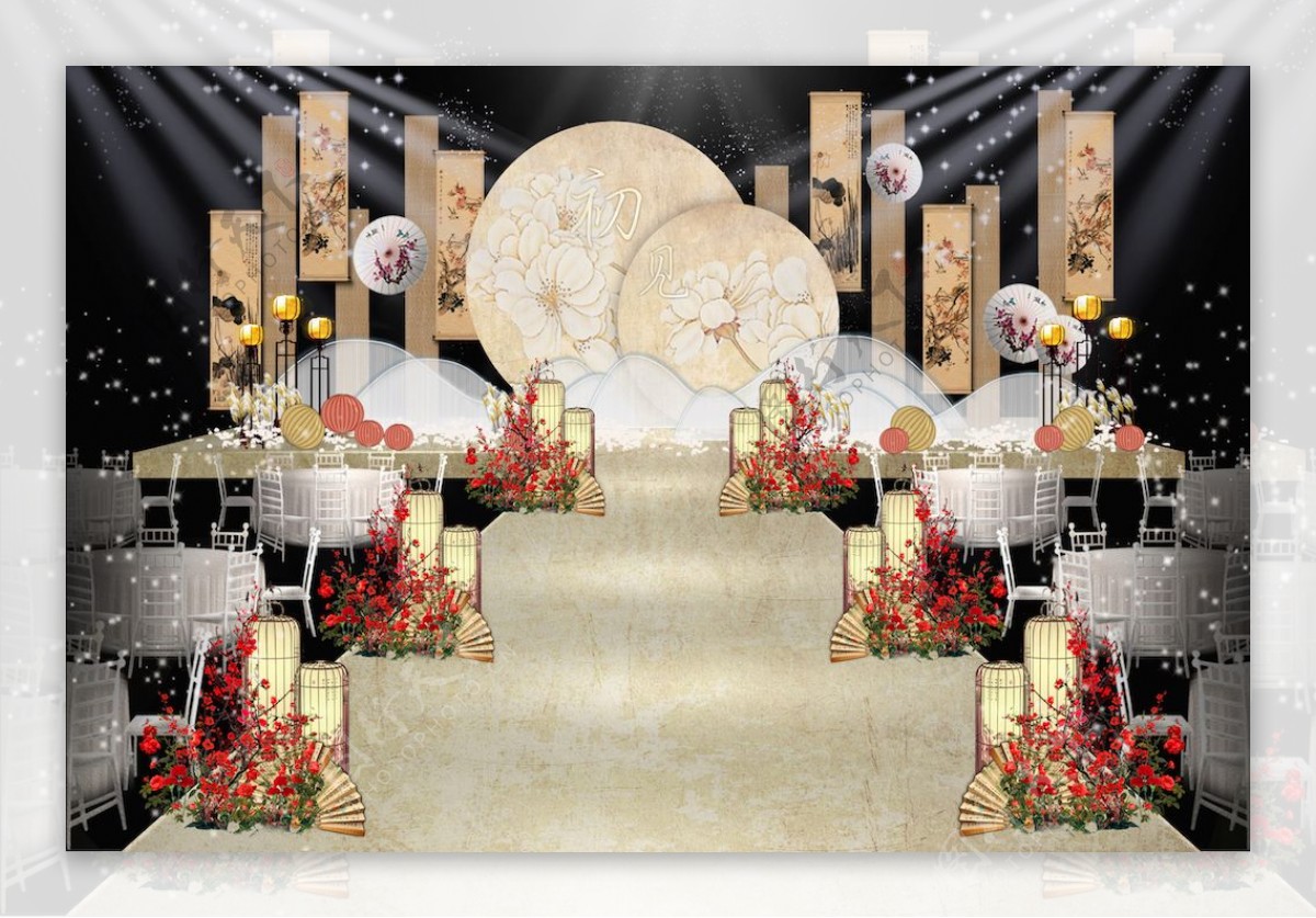 香槟色中国风新中式婚礼舞台效果图