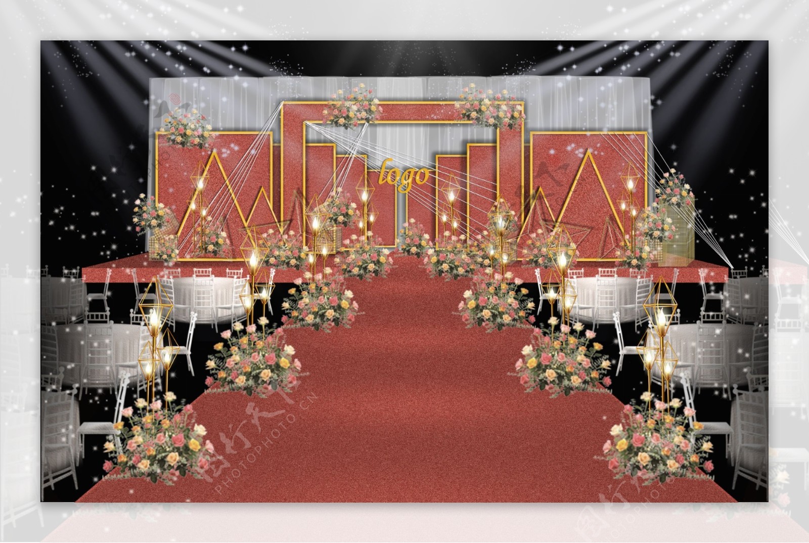 红金色质感创意几何婚礼舞台效果图