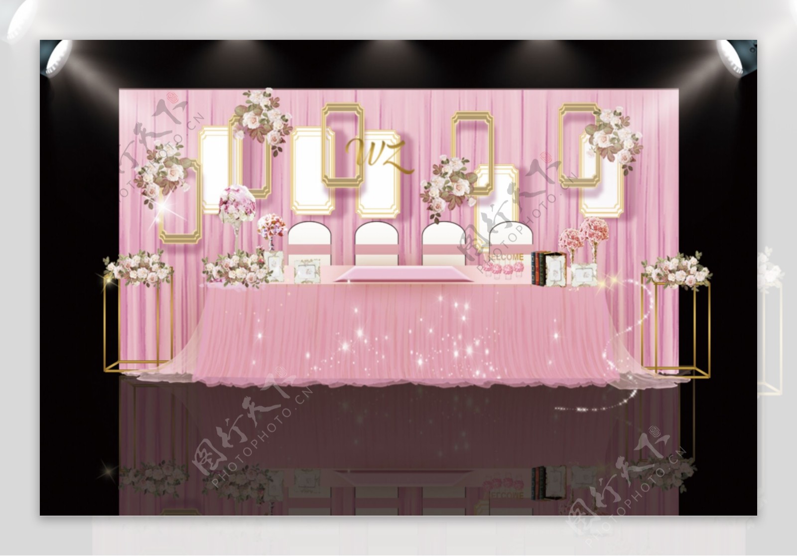 粉色婚礼签到台甜品区背景效果图