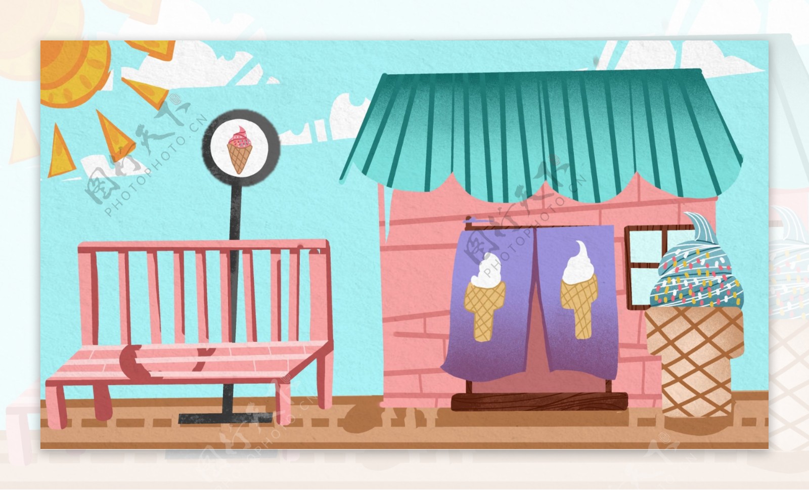 简约长椅冰淇淋小屋背景素材