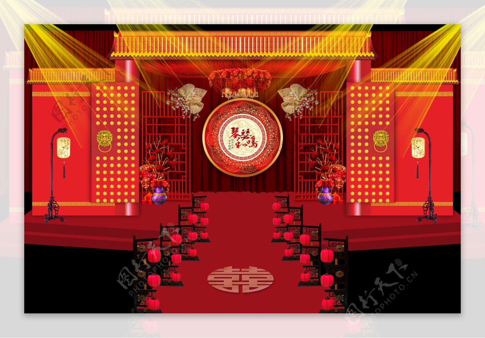 大红中式室内婚礼效果图