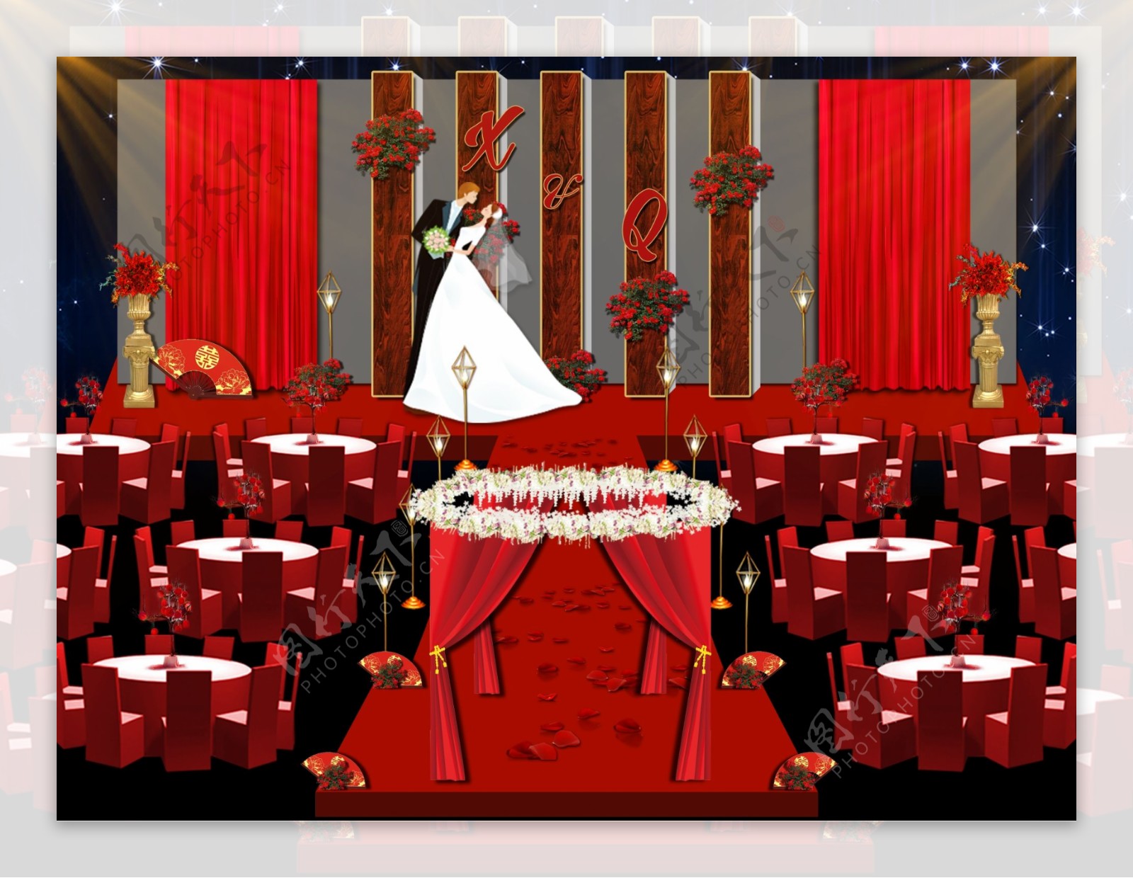 欧式中国红婚礼舞台区效果图