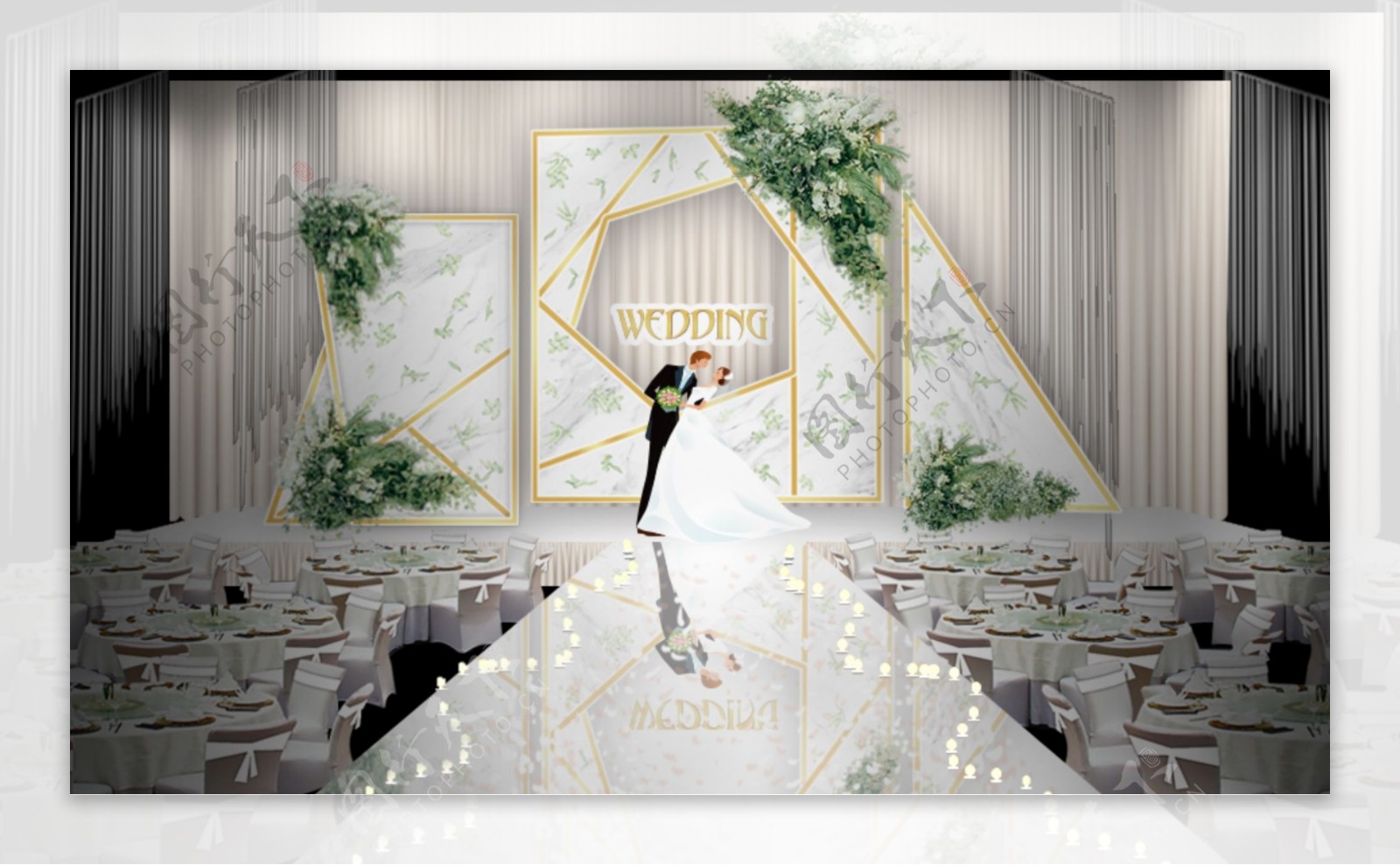 白绿色小清新婚礼主舞台效果图
