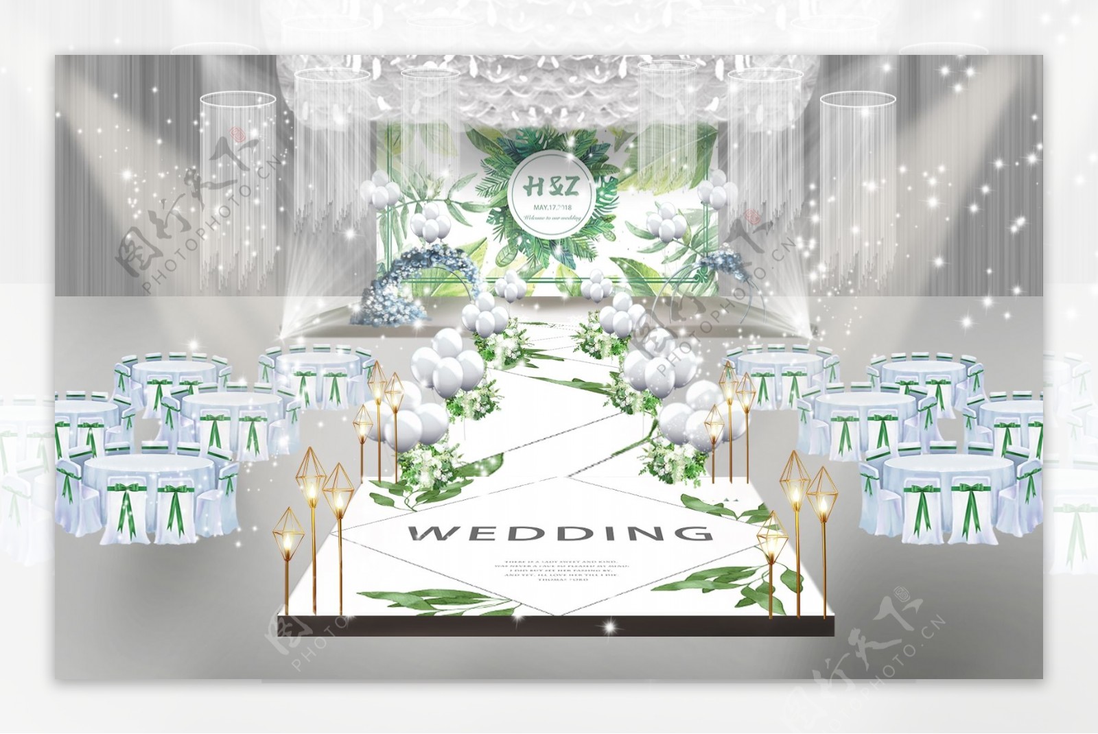 北欧白绿色婚礼舞台效果图