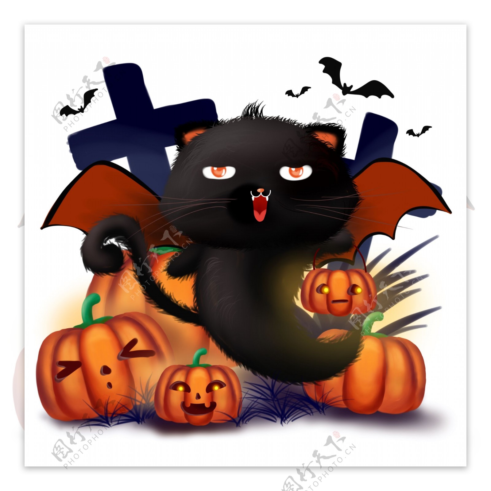 万圣节手绘卡通可爱黑猫与南瓜插可商用配图