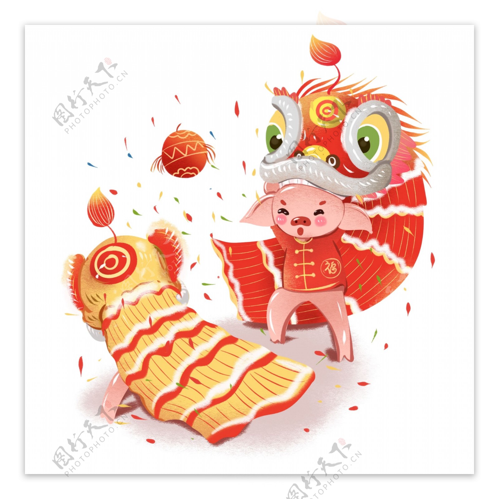 2019春节猪年插画舞狮元素商用喜庆新年春节生肖猪