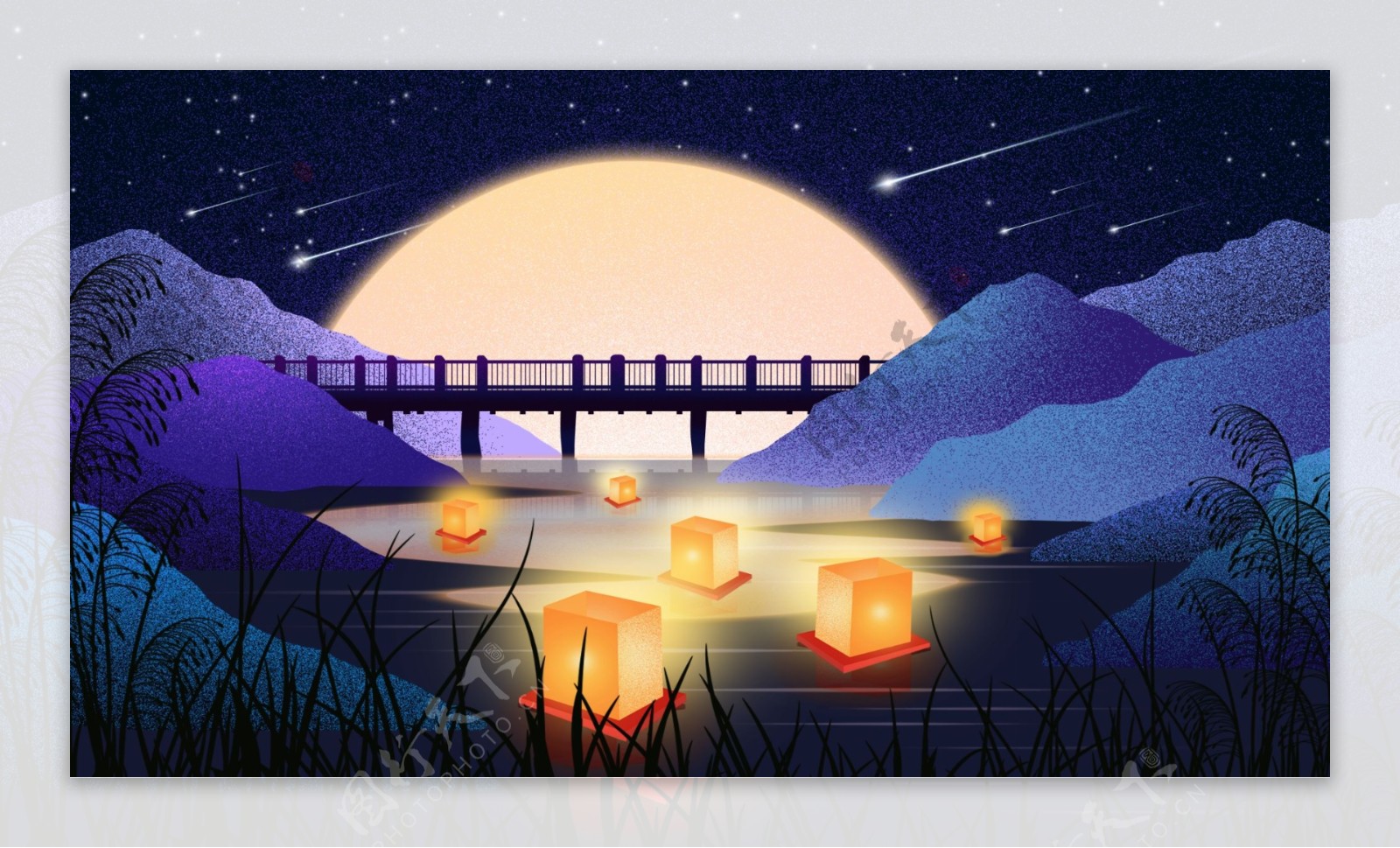 小桥流水许愿灯山峰明月卡通背景