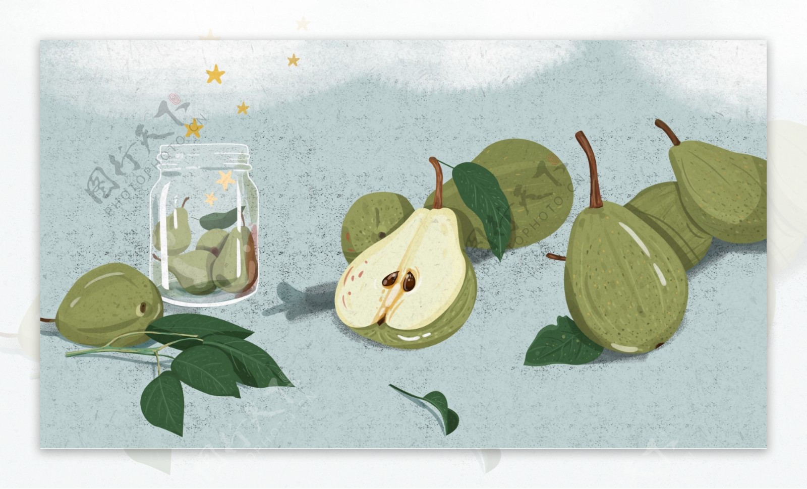 青脆梨子玻璃瓶绿叶卡通背景