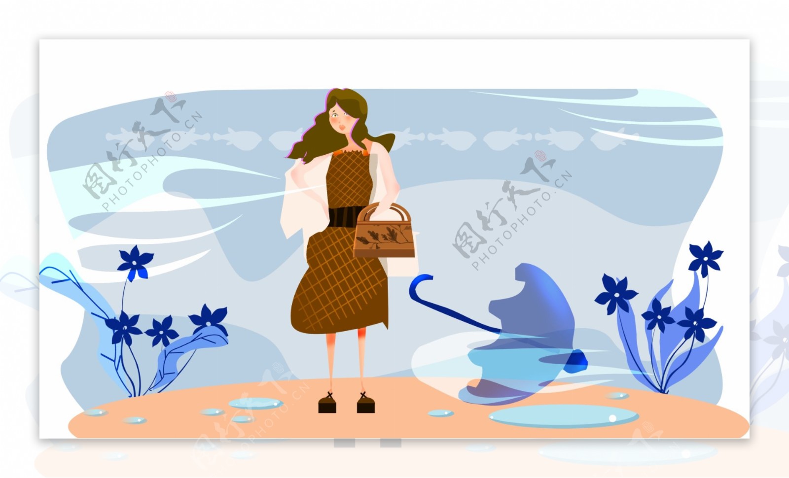 手挽包包的时尚女人蓝色花丛卡通背景
