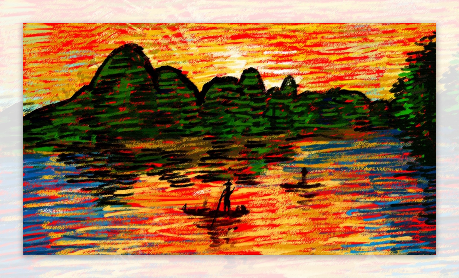 桂林山水油画风景色手绘背景