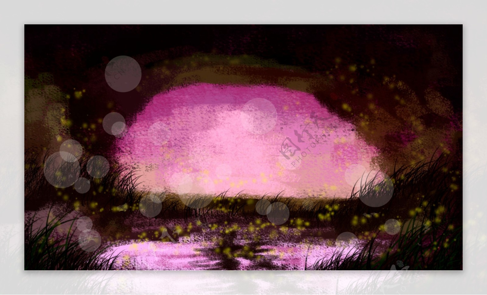 草地水潭紫色卡通背景
