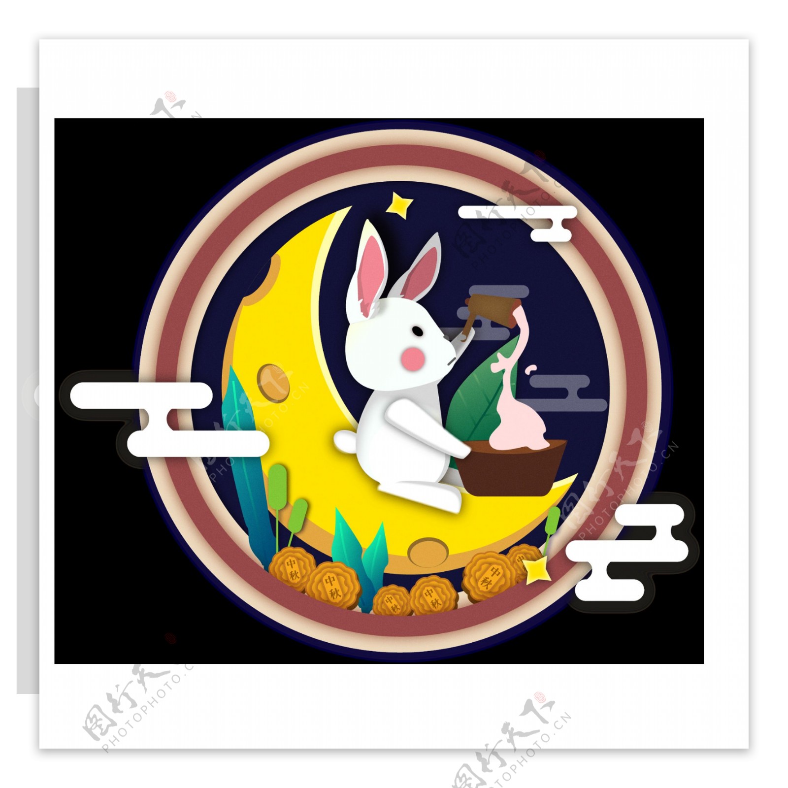 中秋节手绘原创剪纸风矢量小月兔做月饼