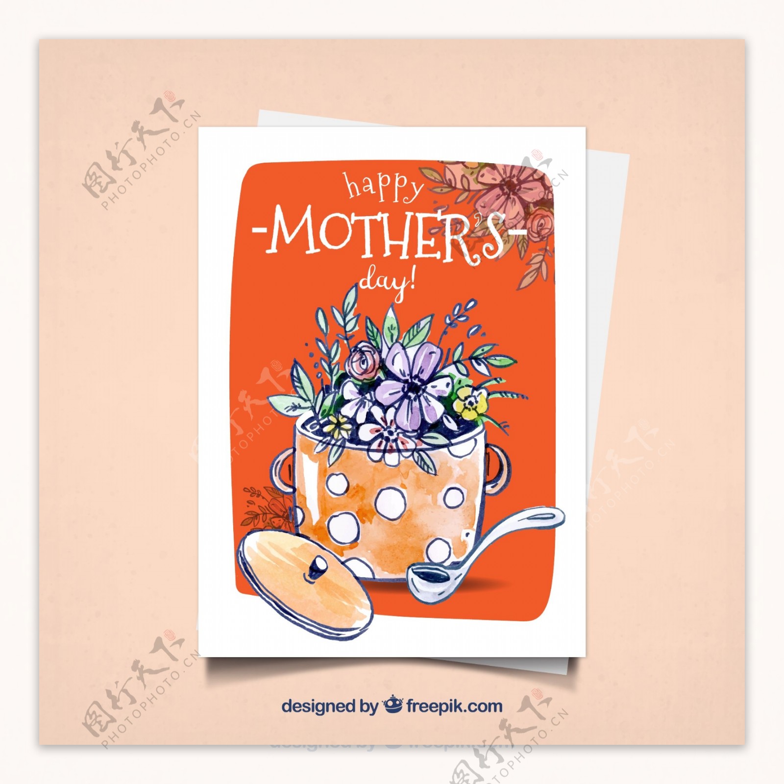 手绘汤锅里的花束母亲节祝福卡矢量图