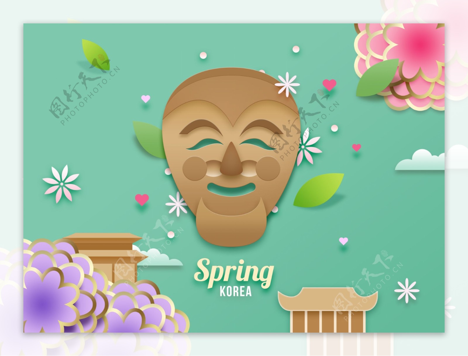 韩式春天气息卡通立体花朵建筑海报
