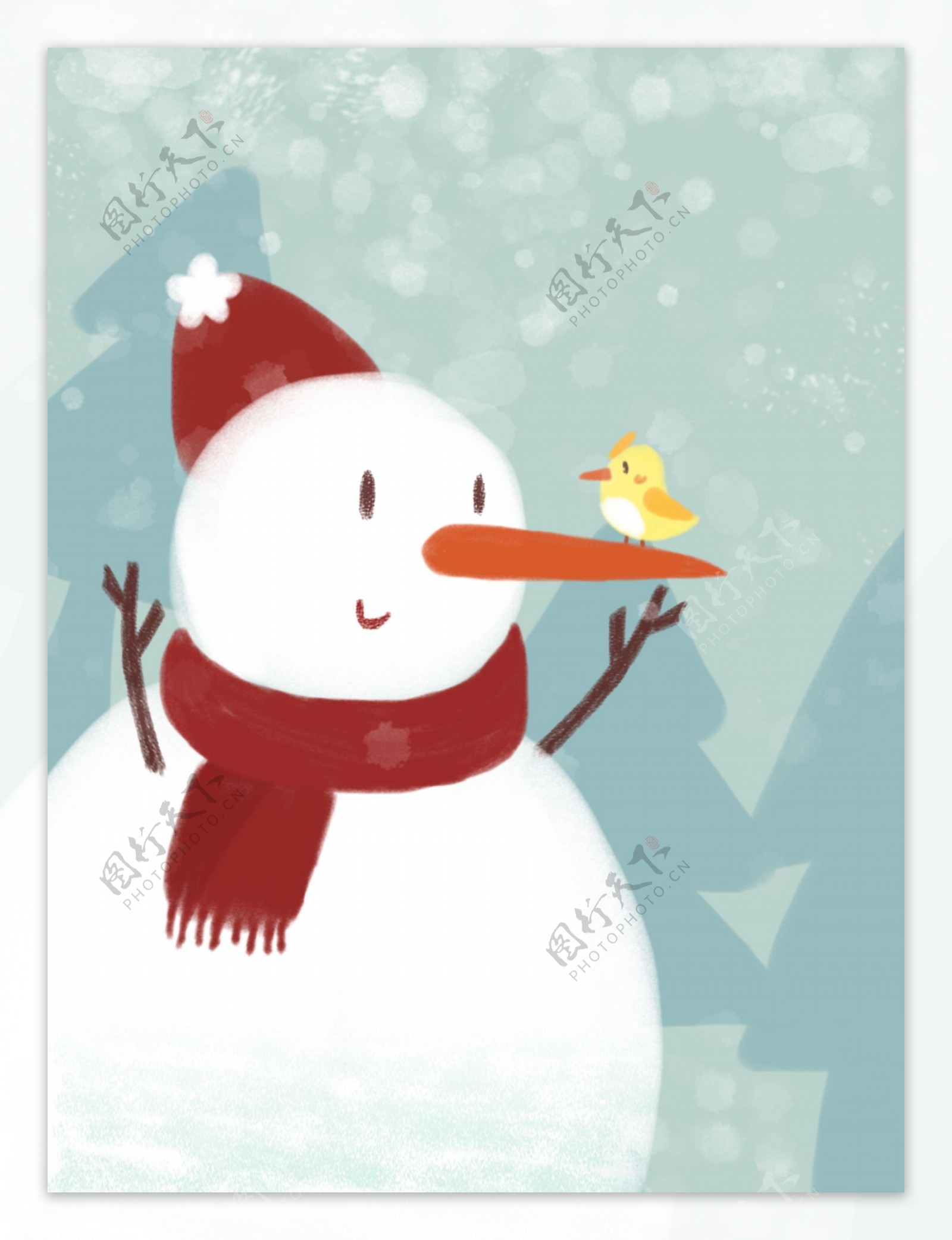 原创冬季雪仗雪人小鸟雪花围巾卡通插画背景