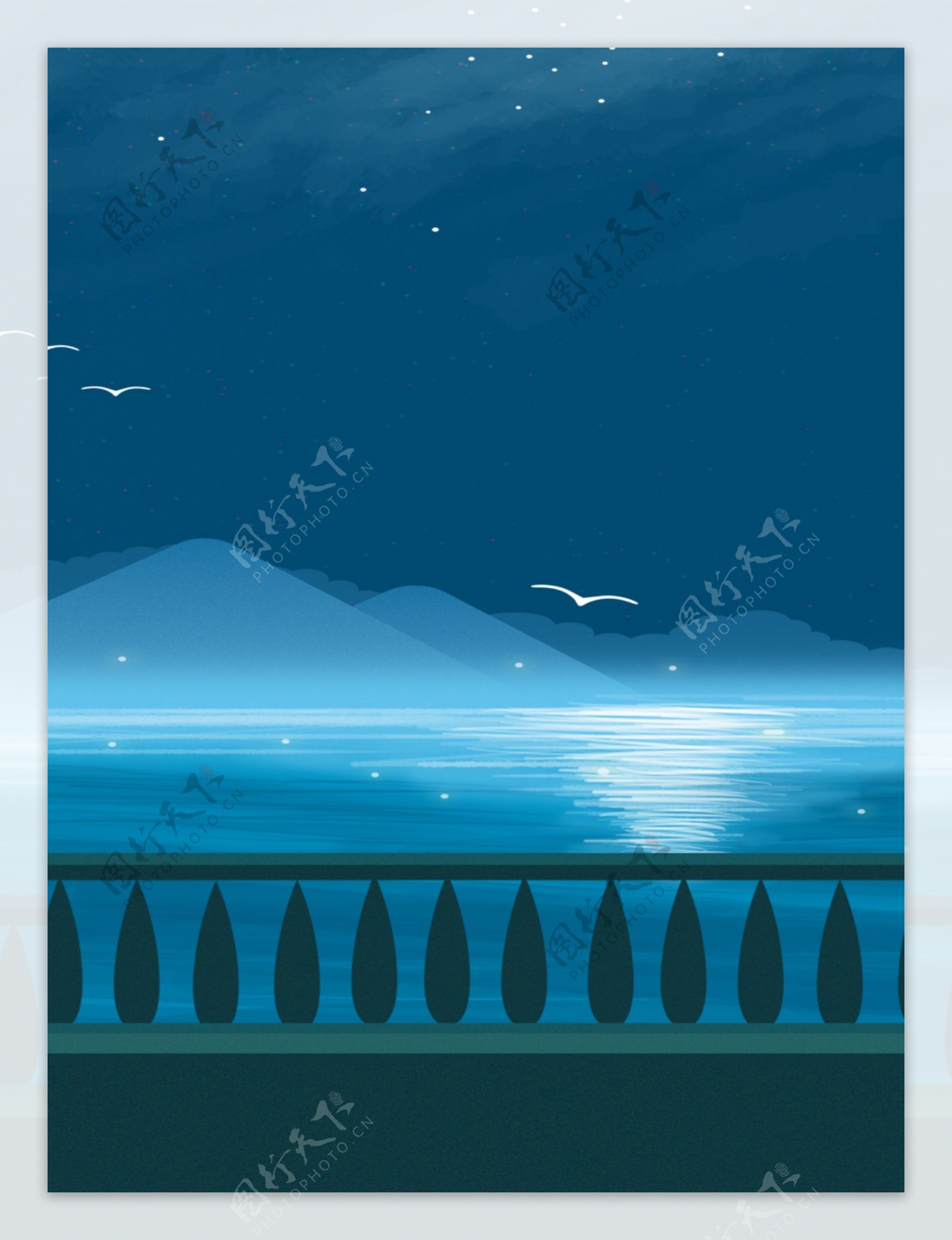简约冷色调夜空下的大海和海鸥广告背景