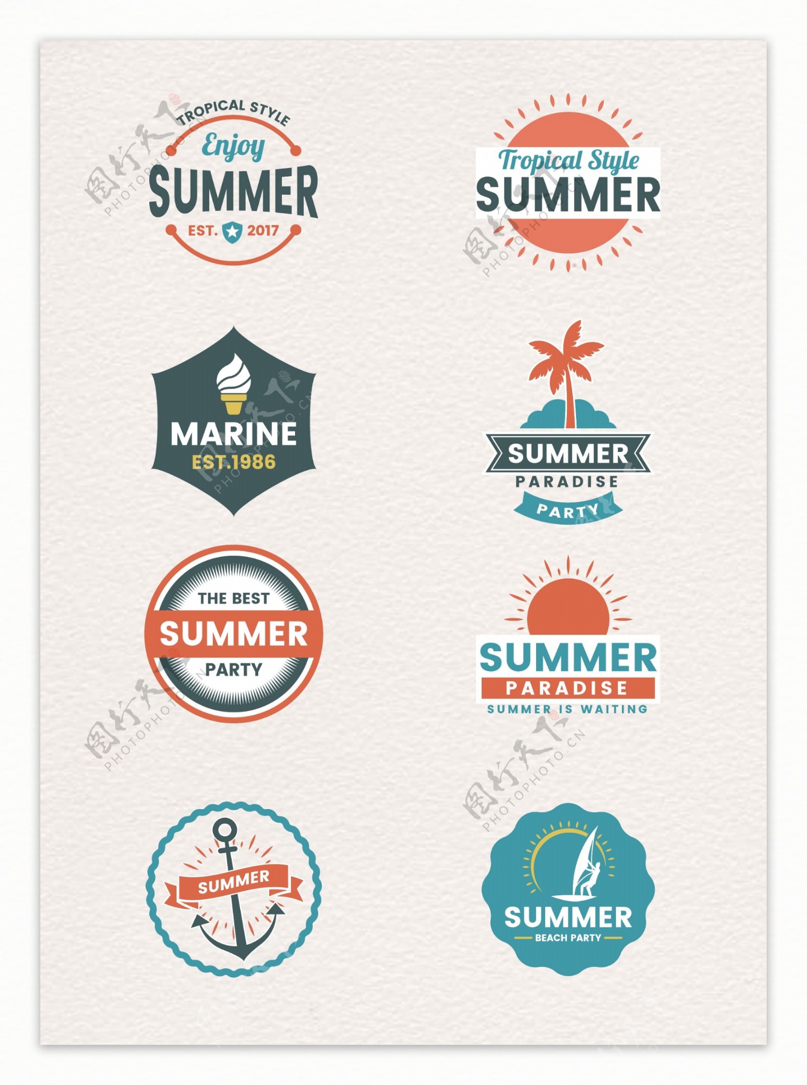 彩色夏日度假标签元素矢量图