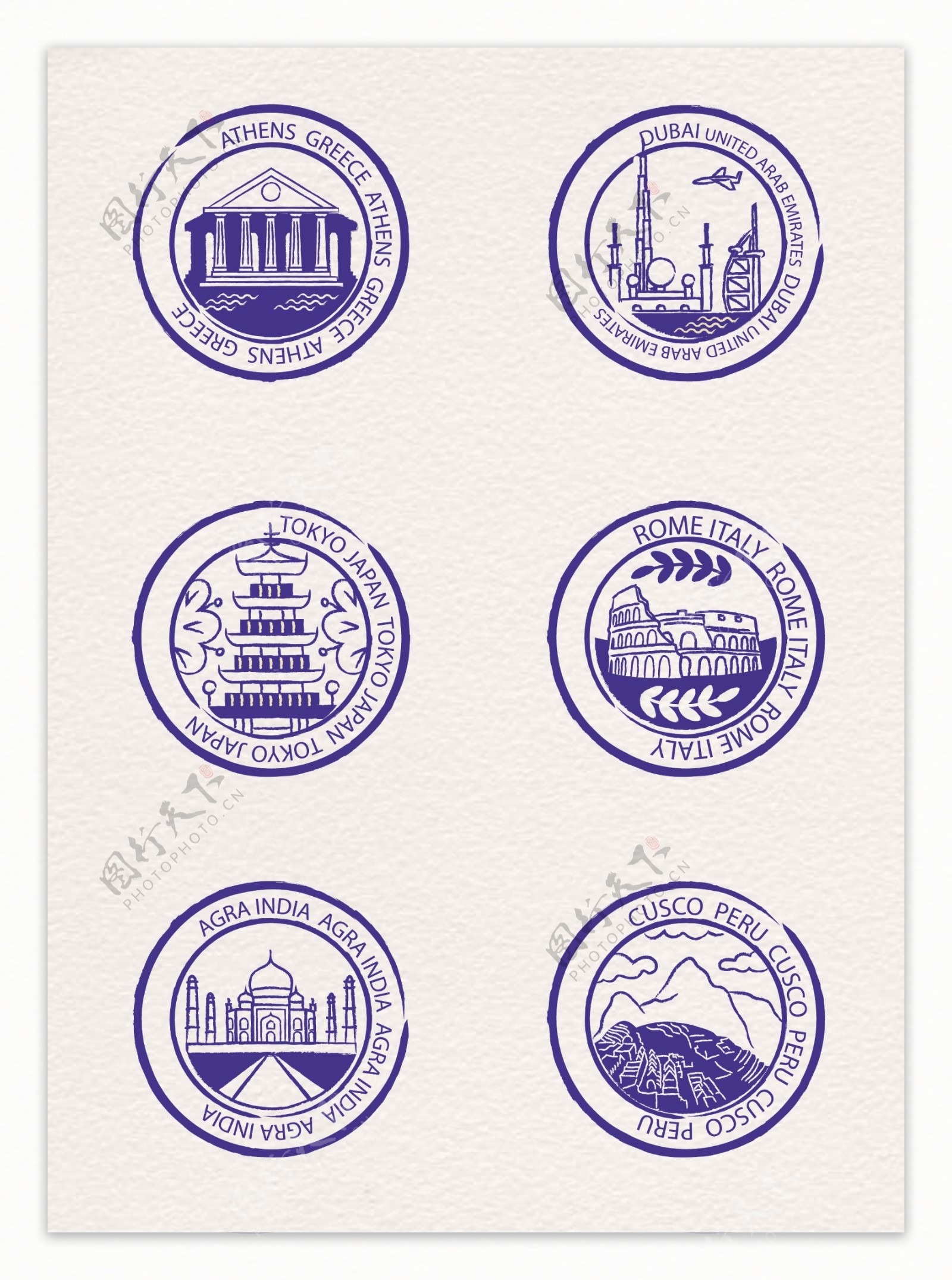 蓝色手绘矢量建筑邮票元素