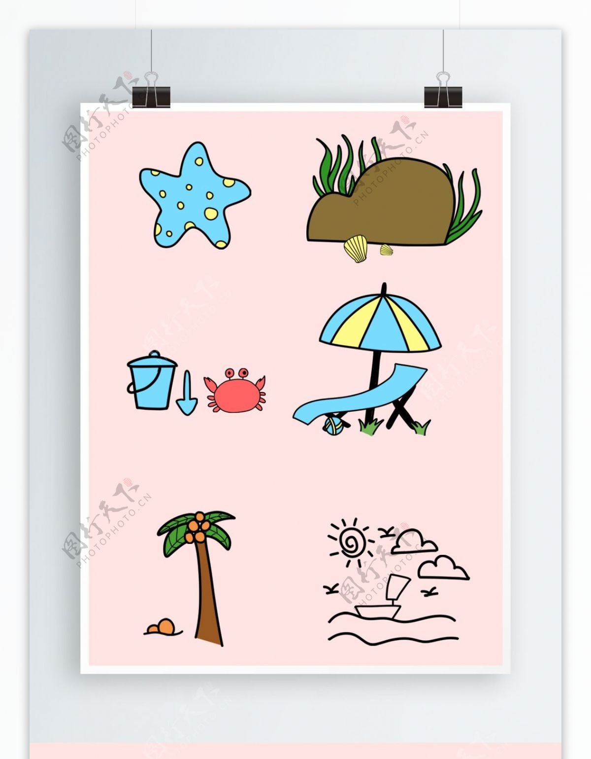 海边旅行大海海星螃蟹椰子树遮阳伞