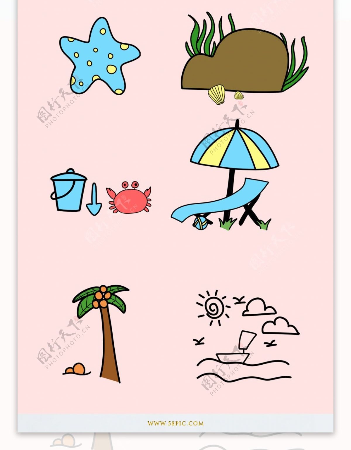 海边旅行大海海星螃蟹椰子树遮阳伞