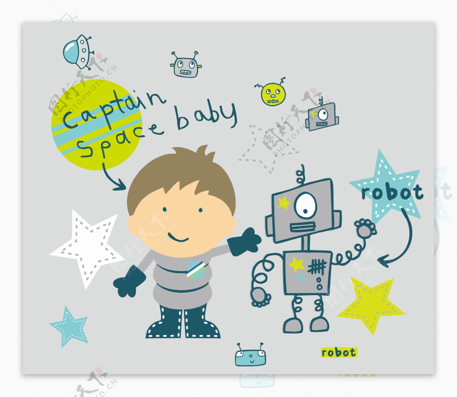 插画卡通男孩机器人太空星空遨游星星矢量图