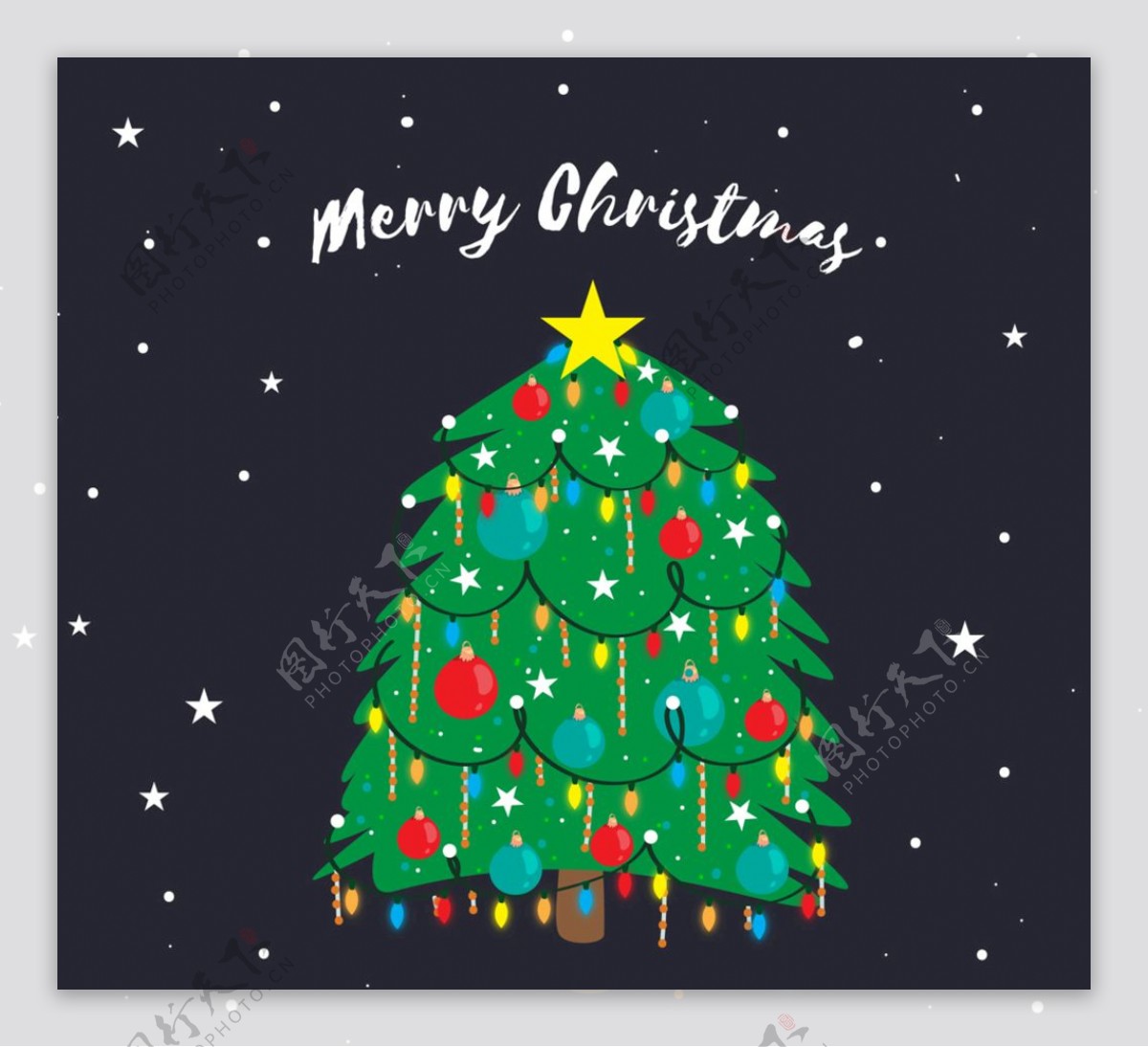 彩绘挂满装饰物的圣诞树
