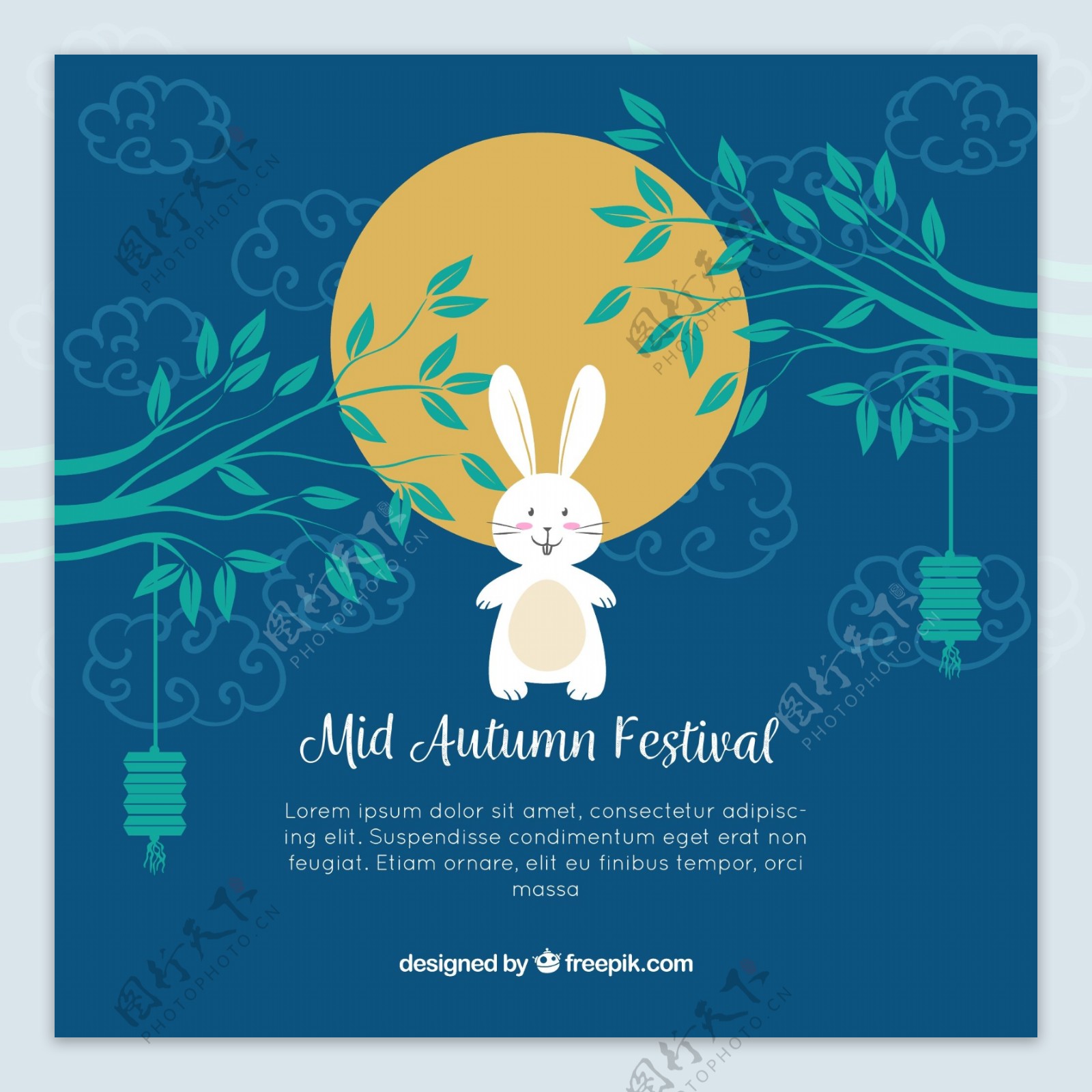 彩绘中秋节月亮下的白兔矢量素材