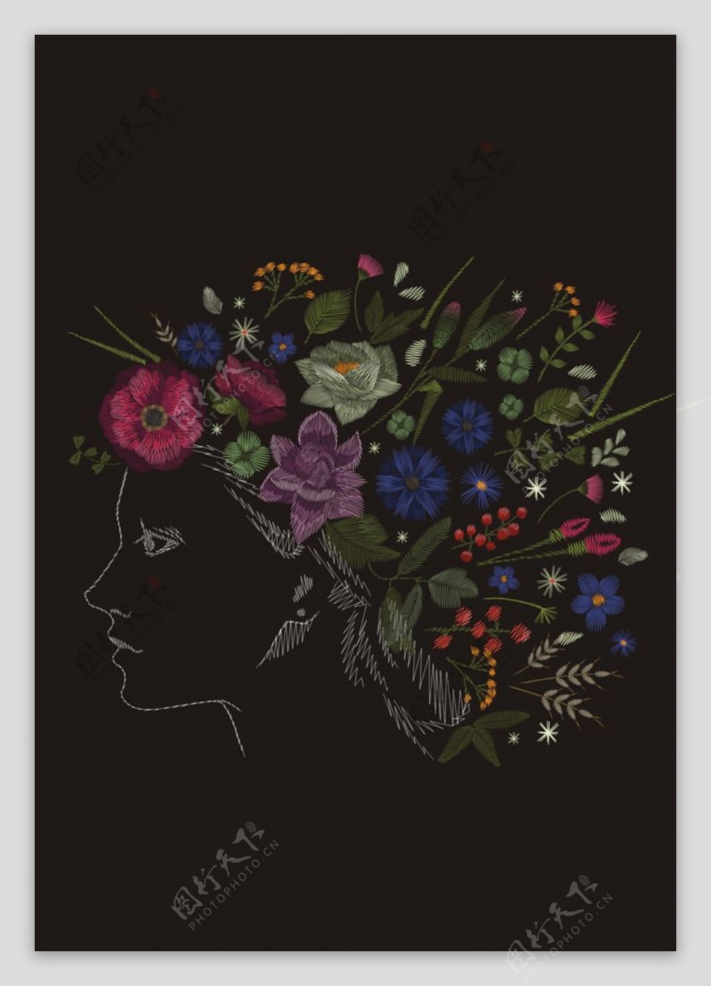抽象人物花朵花卉刺绣矢量图下载