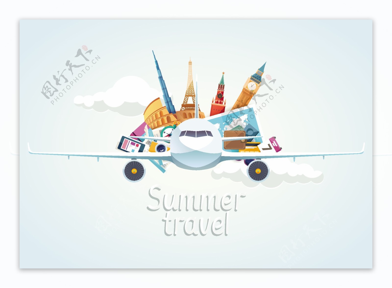 矢量旅行季飞机旅游插画