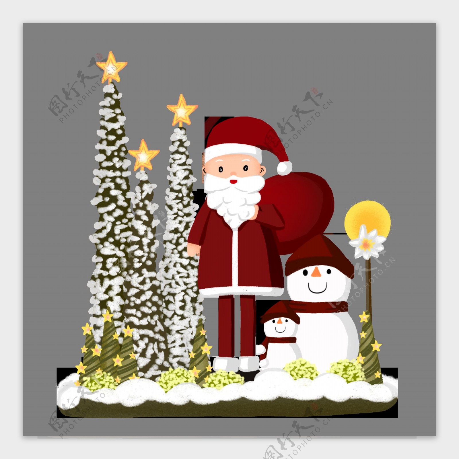 手绘圣诞节圣诞老人雪人松树星星场景素材