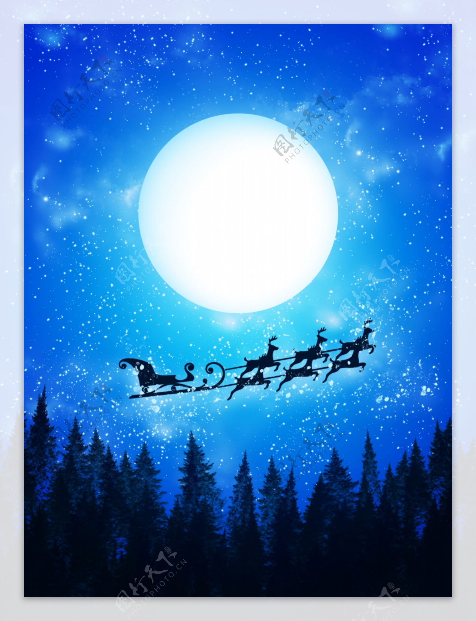 纯原创手绘森林的夜晚圣诞节卡通蓝色背景