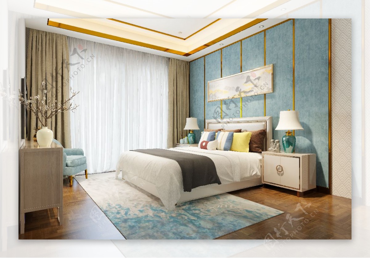新中式风格时尚卧室效果图