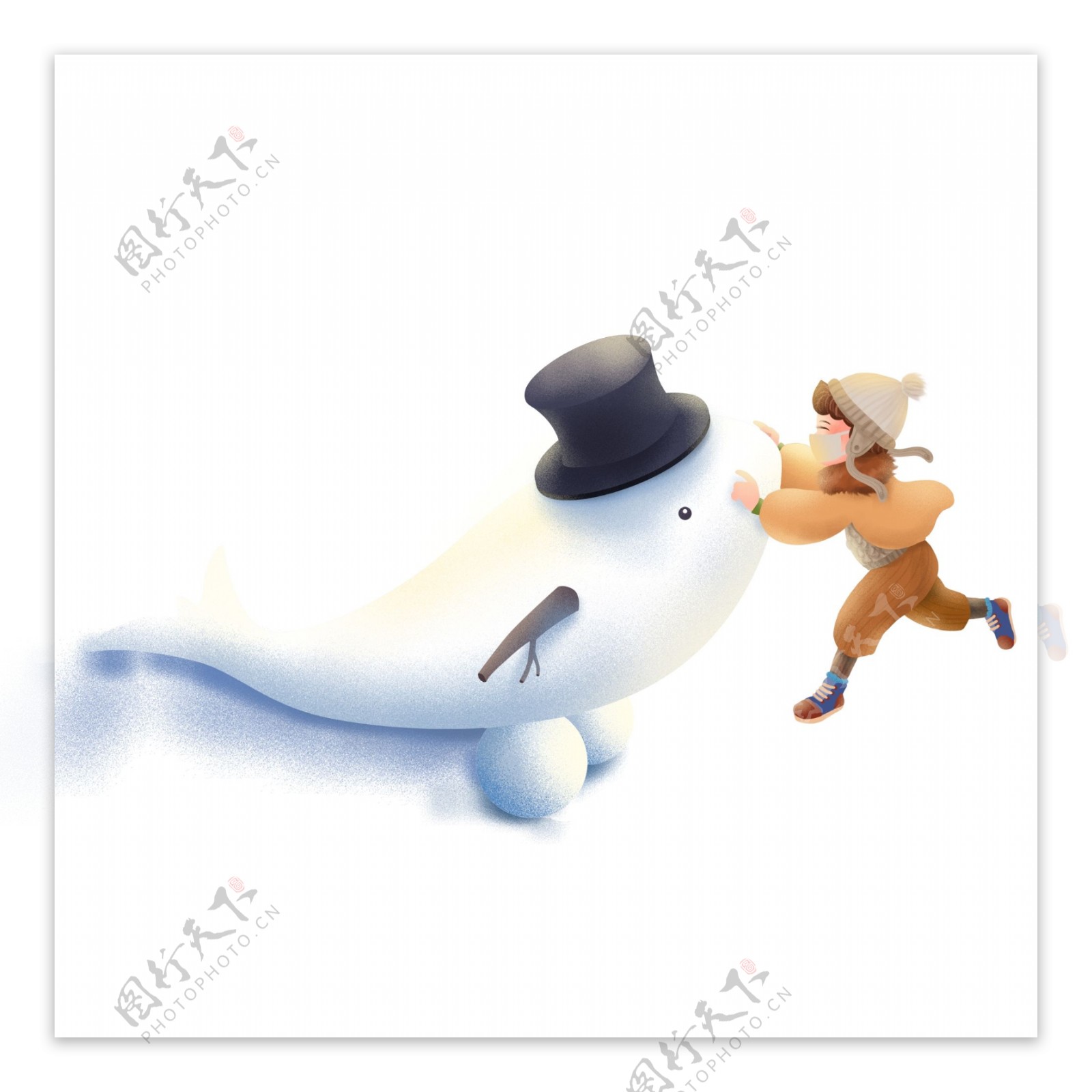创意男孩和鲸鱼互动治愈系插画可商用元素