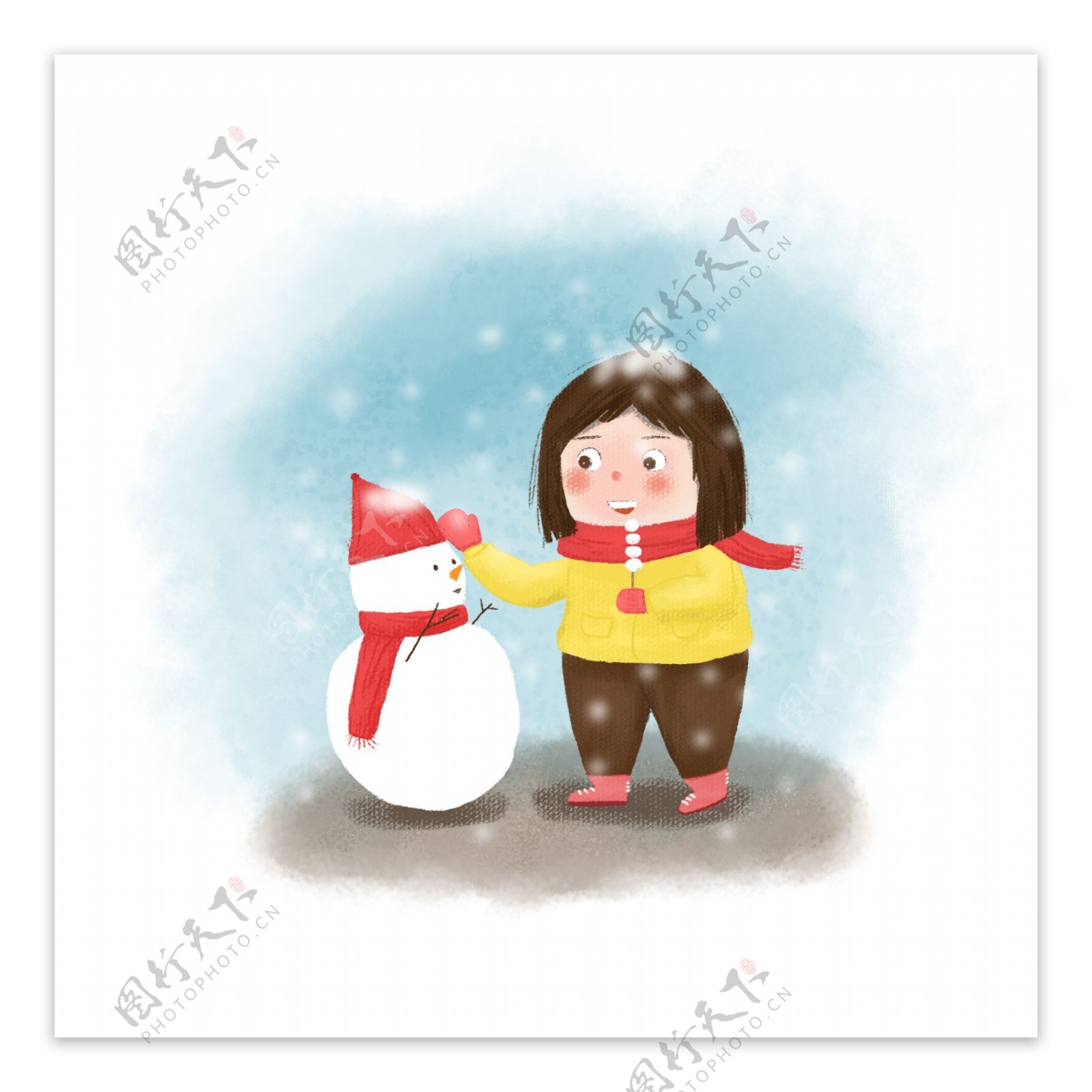下雪天小女孩和雪人小雪节气人物素材