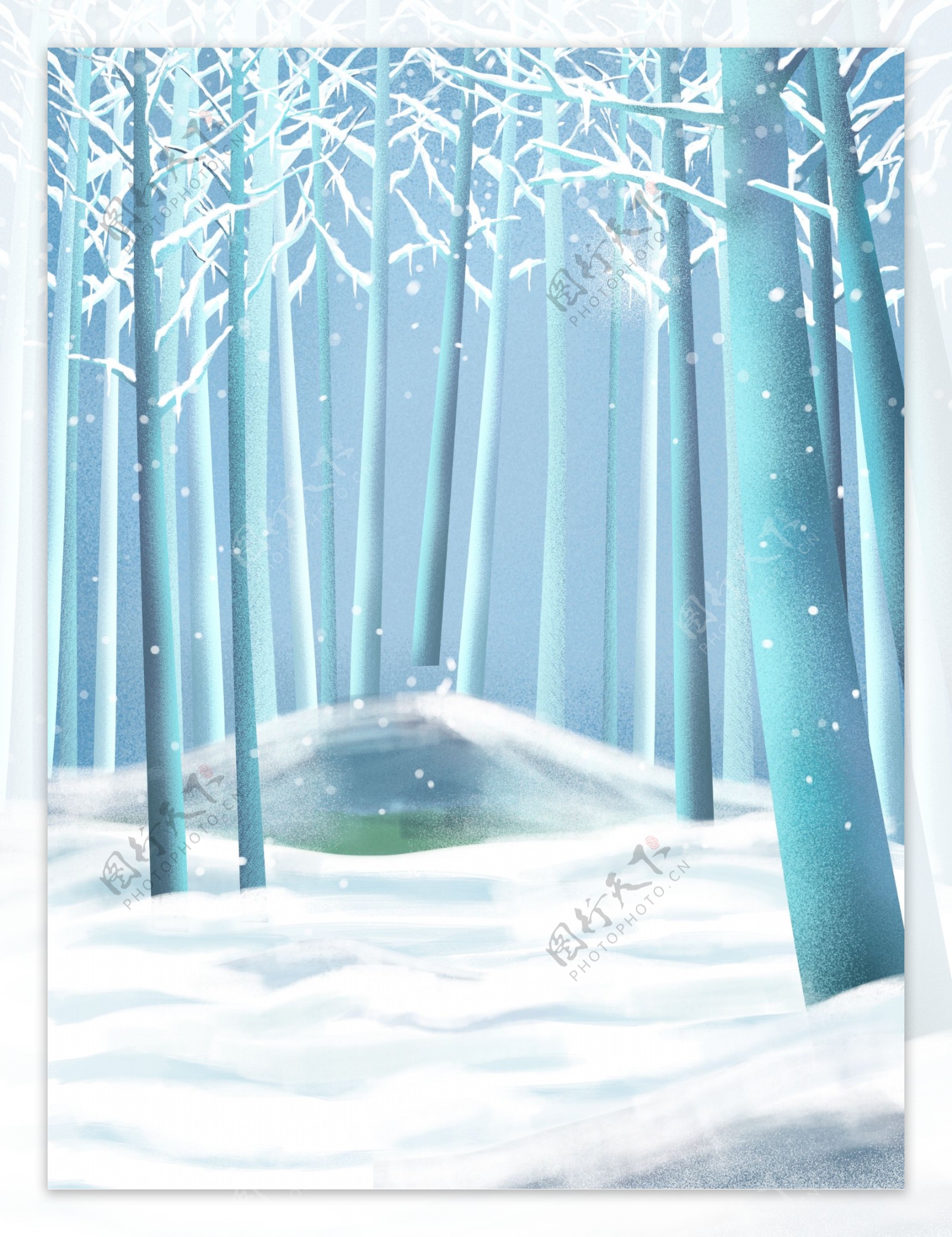 蓝色梦幻冬季树林树木背景设计