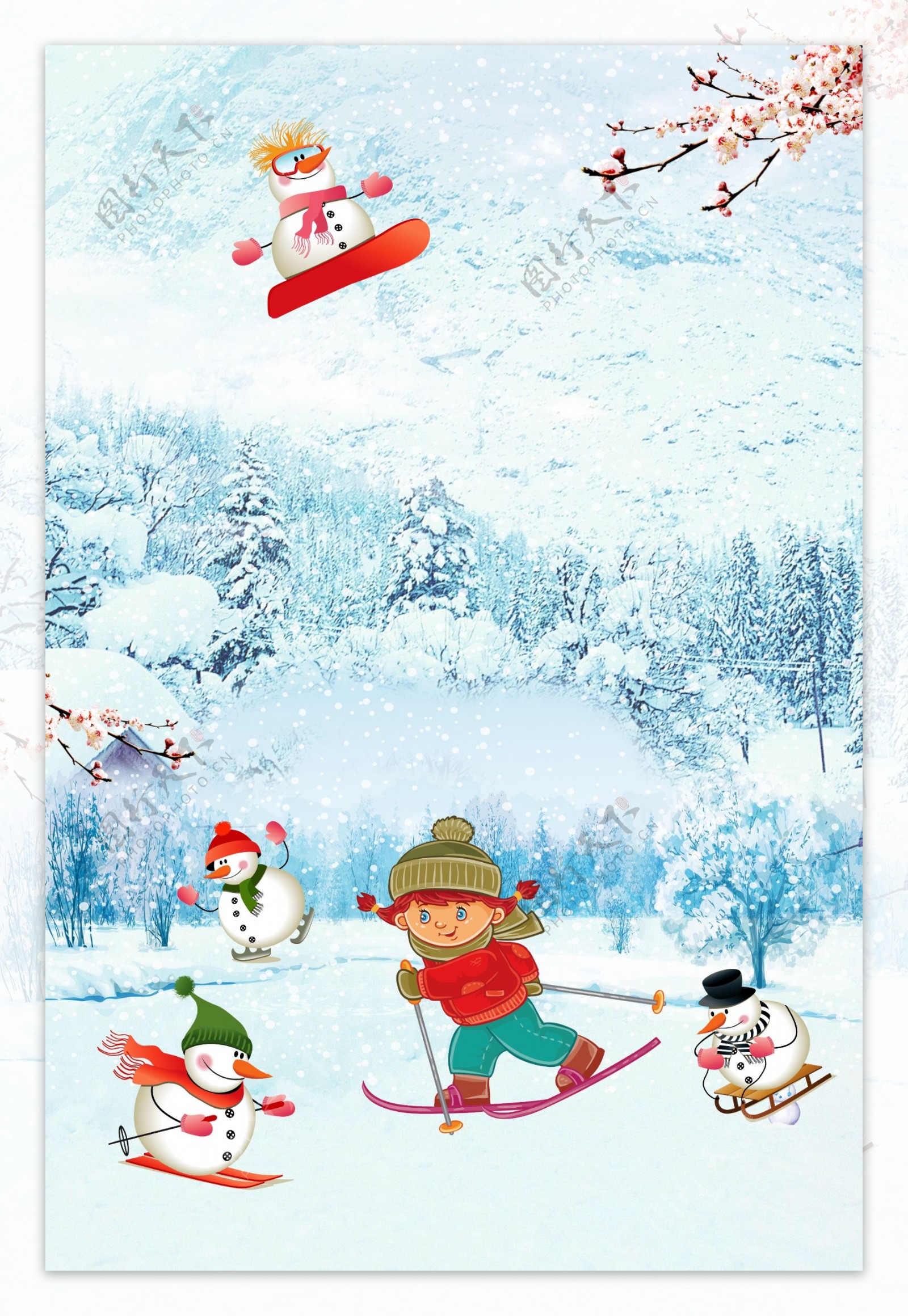 彩绘冬季滑雪的雪人儿童背景