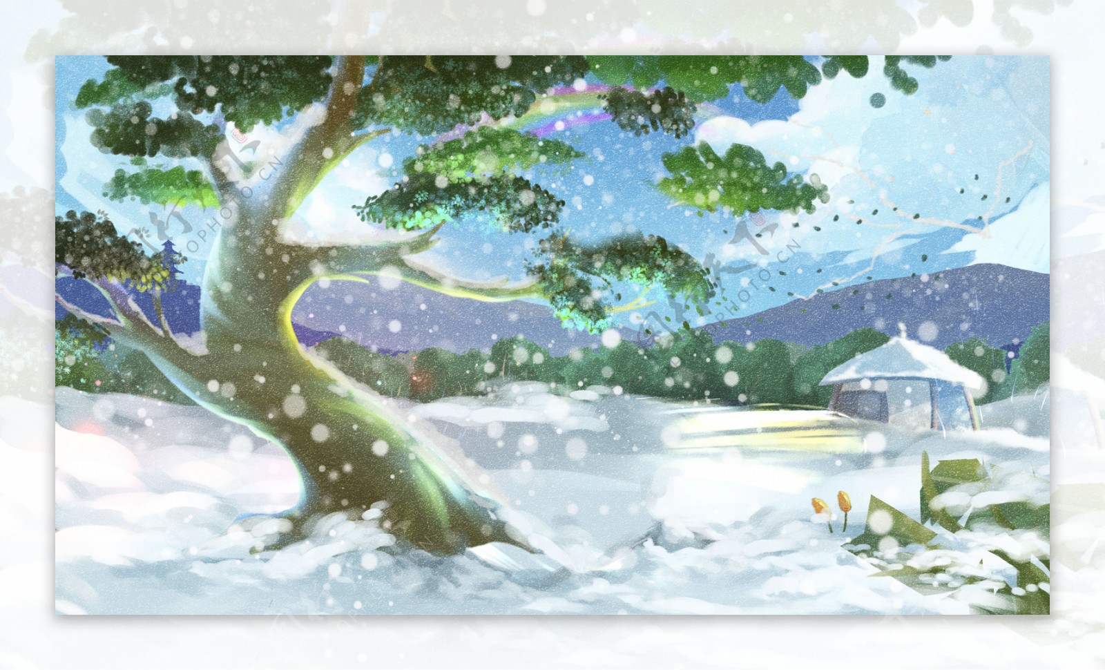 冬天大雪大树背景手绘设计
